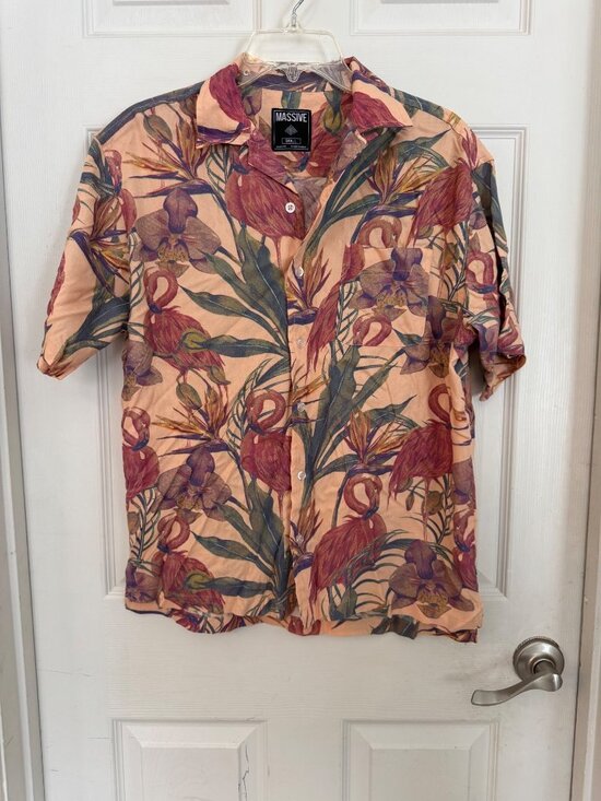 Massive Other - Massive Pink Tropical Flamingo Hawaiian Button Down Shirt Small Summer Beach Sm